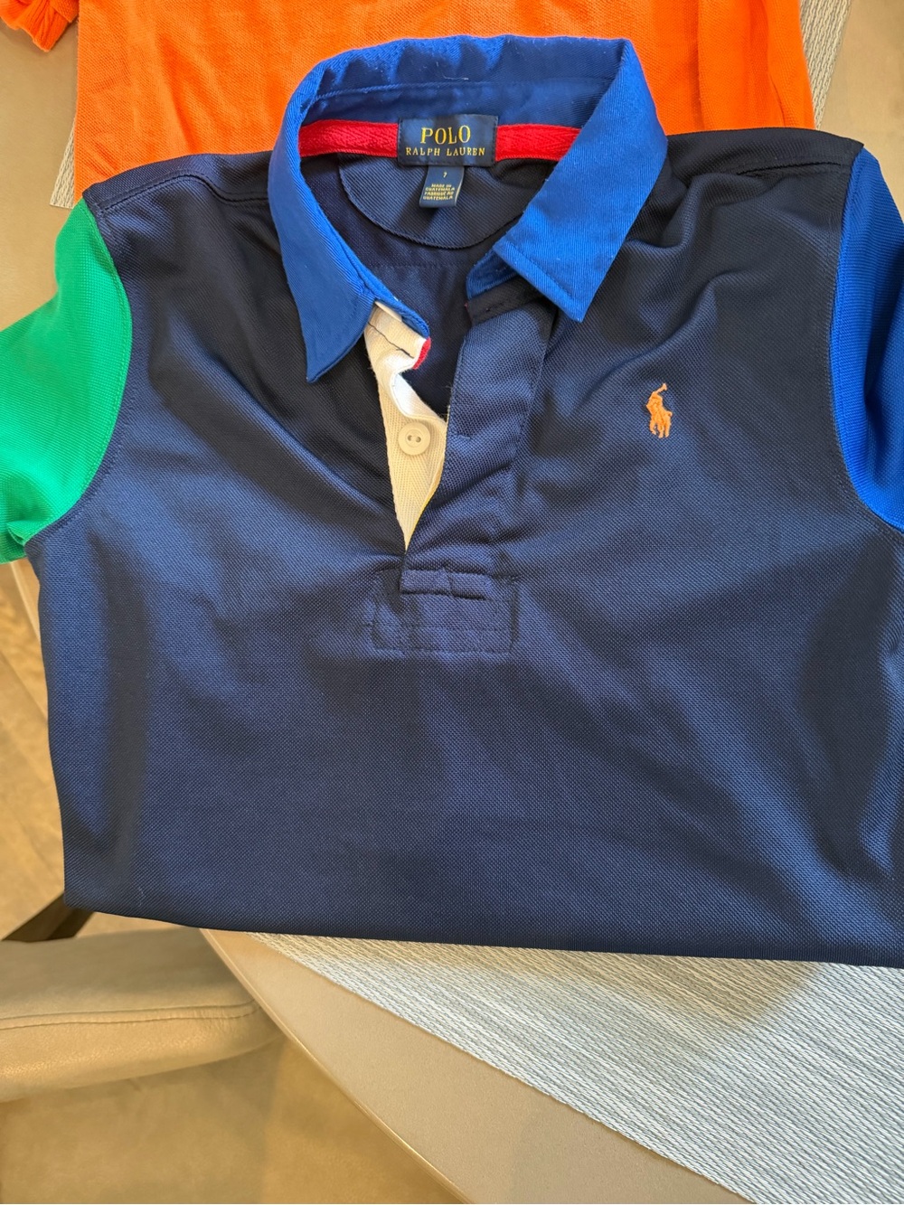 Polo by Ralph Lauren Navy Pique Polo with Blue Collar and Green Sleeve